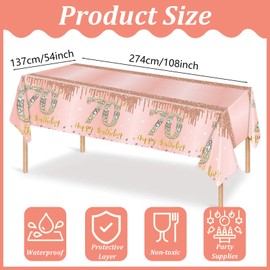POPOYU 137 * 274cm Large 70th Rose Gold Table Cloth,70th Birthday Decorations for Her,Rose Gold 70th Birthday Party Plastic Table Cloth Tablecover for Her Birthday Gifts,70th Birthday Party Supplies