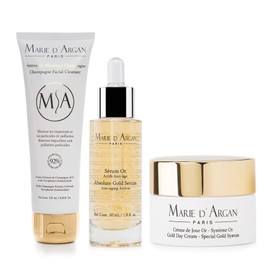 MARIE D'ARGAN Kit Facial de 3 Piezas con Limpiador Champagne de 125 ml, Sérum Oro Antiedad de 30 ml y Crema Facial de Día Oro de 50 g, Hidratante, Reafirmante e Iluminador, Para Todo Tipo de Piel
