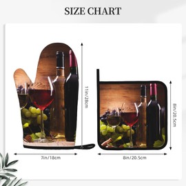 Wine Grapes Wooden Vintage Oven Mitts and Pot Holders Sets of 4, Heat Resistant Silicone Oven Mittens and Potholders Gloves Hot Pads for Kitchen Cooking Baking Grilling BBQ Chef