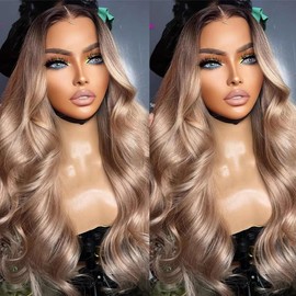 Vlusee Ash Blonde Wig Human Hair with Ombre Brown Roots 13x6 HD Body Wave Lace Front Wigs Human Hair 200 Density Pre Plucked Lace Frontal Wigs for Women 26 Inch