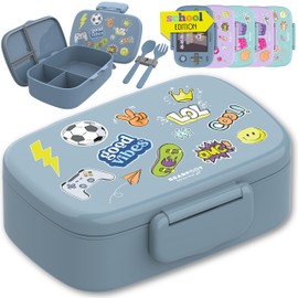 BEARFOOT Children's Lunch Box with Compartments, BPA-Free, Lunch Box, Bento Box, Lunch Box Girls & Boys, Snack Box, 100% Leak-Proof, Lunch Box for Nursery, School (Sticker Blue)