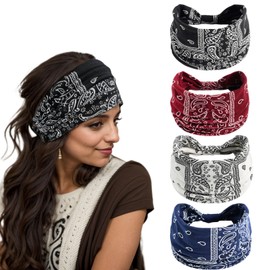 Bomeirc 4 Pack Boho Headbands Stretch Paisley Print Bandana Headband Criss Cross Hair Bands Knotted Head Wrap Yoga Daily for Women and Girls (wine red、black、white、blue)