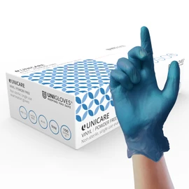 UNIGLOVES Unicare Vinyl Examination Glove, Medical Grade EN455, Medium Weight, Box of 100 Gloves, Blue, Size Extra Large (GS0085-A)