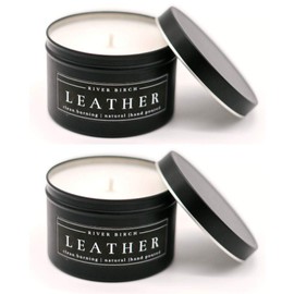 River Birch Leather Scented Candle 2-Pack | Premium, All-Natural, Non-Toxic Soy | Two 8 oz. Black Matte Tin Travel Candles | Cozy Relaxing Gifts for Home