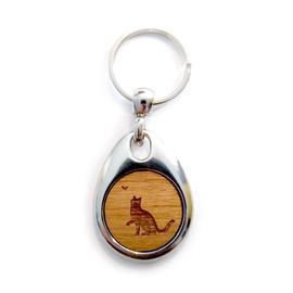 Jorvik Wood Cat Design Wooden Keyring, Cat with Butterfly Keychain with Gift Box