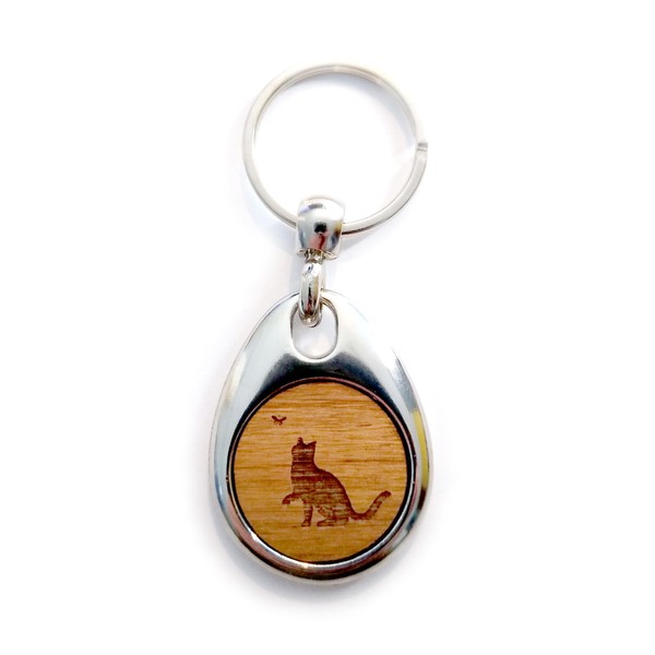 Jorvik Wood Cat Design Wooden Keyring, Cat with Butterfly Keychain