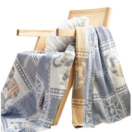 MEJU Elephant Check Geometric Muslin Lightweight Summer Blanket for Bed Sofa Couch, 100% Combed Cotton 2 Layer Soft Warm Quick Dry Throw Blanket Bed Coverlet Sheet Elephant Blue, Twin 60 in X 80 in