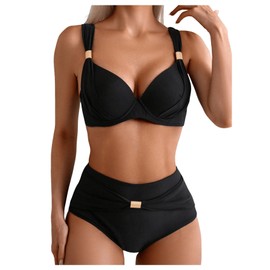 SOLY HUX Women's 2 Piece Bikini Set Metal Decor Push Up High Waisted Bathing Suit Beachwear Pure Black Small