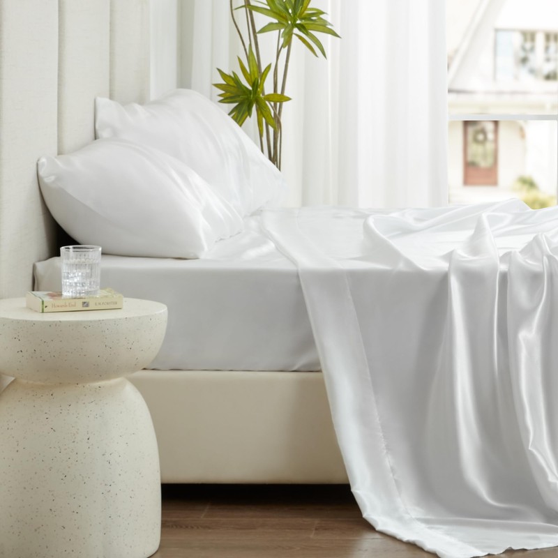 Love's cabin Satin Queen Sheets Set - 4 Piece White