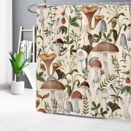 HVEST 70s Mushroom Shower Curtain, Various Mushrooms and Leaves on Beige Background Bathroom Curtain with Hooks, Vintage Plant Bath Curtain Polyester Fabric Bath Decor Accessories, 72x72 Inches