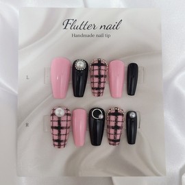 Black & Pink Teen Check Handmade Nail Tips - Stiletto / 블랙&핑크 하이틴 체크 수제네일팁 - 스틸레토