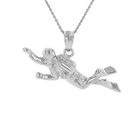 Sterling Silver 3D Scuba Diver Diving Frogmen Pendant Necklace, 22"