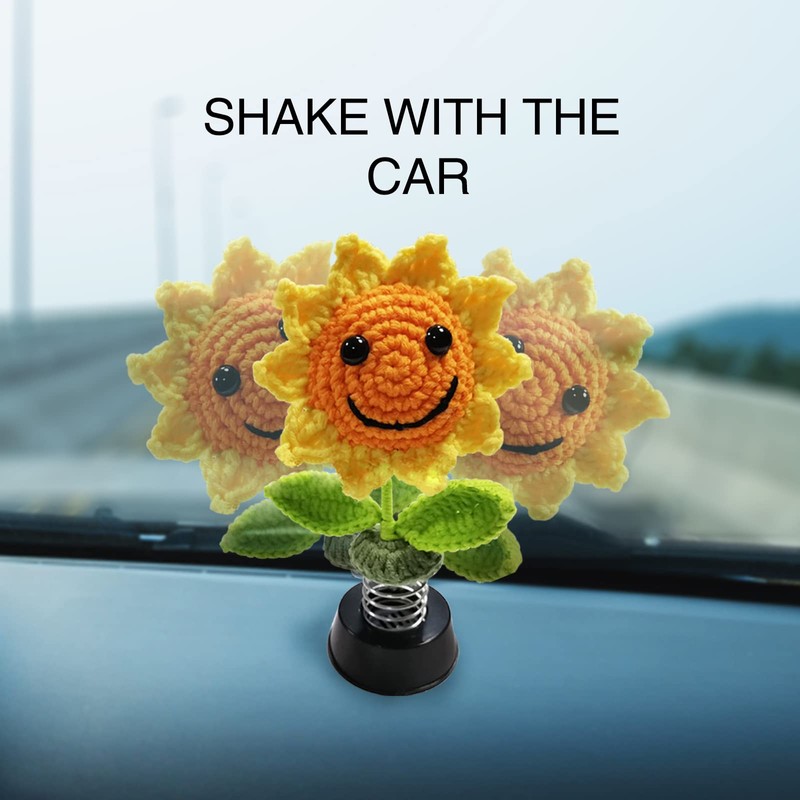Shaking Sunflower Car Accessories Dashboard Decorations, Smiley Handmade Knitted for