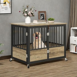 DWVO Dog Crate Furniture with Wheels, 38 Inch Dog Kennel Indoor Furniture End Table Dog Crate for Dogs, Farmhouse Decorative Wooden Dog Cage Table with Double-Doors, Chew-Resistant, Grey
