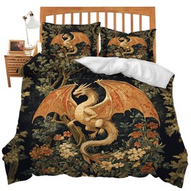 Dragon Bedding Set Twin Size Rustic Dragon Comforter Cover Set for Teen Boys Super Soft Construction Mid Century Duvet Cover Set Bedroom Decor Twin Full Queen King Size Quilt Cover with 2 Pillowcase