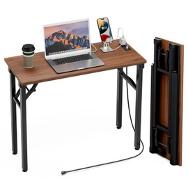 TEMI Small Computer Desk Folding Table - No Assembly, Compact 35.8" Foldable Desk with Power Outlets & USB Charging Port, Portable Small Office Desk, Ideal Mini Study Table for Narrow Spaces, Walunt