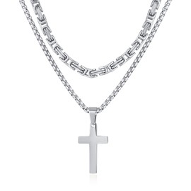 XIRUVE 16-24 Inches Length, Stainless Steel Byzantine Chain Simple Cross Pendant Layered Necklace for Men
