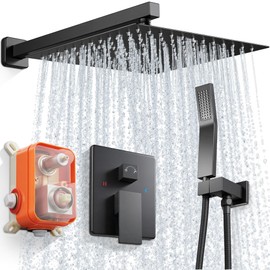 Full Body Shower System, 12inch High Pressure Shower Heads Rainfall with Handheld, 2 in 1 Spray Waterfall Handheld Showerhead, Wall Mounted Shower Combo Set with Rain Mixer Shower Head, Black