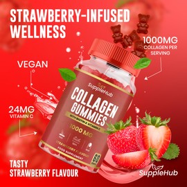 SuppleHub Collagen Gummies 1000mg - Hydrolysed Collagen Peptides with Biotin & Vitamin C - Collagen Supplements for Women & Men - Skin, Hair, Nails & Joint - Strawberry Flavour - 60 Gummies/Bottle