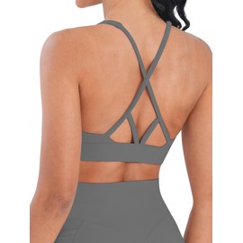 Sunzel V Neck Strappy Sports Bras for Women Criss Cross Back Halter Yoga Bra Removable Cups Padded Workout Running Gym Tops Charcoal Gray X-Large