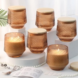 LAMORGIFT 6 Pcs 13.5 OZ Terracotta Large Candle Jars for Making Candles, Ribbed Unique Candle Jars, Glass Jars with Wooden Lids and Labels for Candle Making Supplies, Container, Gift