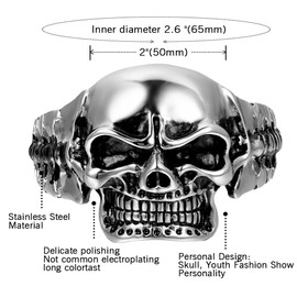 OIDEA Mens High Polished Stainless Steel Large Heavy Skull Charm Biker Cuff Bangle Bracelet,2.6 Inch Diameter,Silver