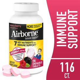 Airborne 1000mg Vitamin C + Zinc Immune Support Supplement Chewable Tablets, Very Berry Flavor with Powerful Antioxidants Vitamins A C & E, 116 Chewable Tablets (2 Pack)