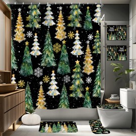 Wollmix Merry Christmas 8 Pcs Shower Curtain Bathroom Sets Green Holiday Xmas Winter Tree Bath Decor Decorations Accessories with Rugs, Toilet Lid Cover, Bath Mat, Towels and 12 Hooks 72x72 Inch