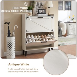 Barnyatoh Shoe Storage Cabinet,Farmhouse Shoe Organizer with 2 Flip Drawers & Barn Door Design,Freestanding Hidden Slim Narrow Shoe Rack Cabinet for Entryway,Foyer,Hallway,Antique White