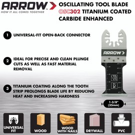 Arrow OSC302-1 Titanium Coated Carbide Enhanced Oscillating Multitool Saw Blades for Wood, Drywall, PVC, and Metal, Universal, Fits Most Multitools, 1-3/8 Inch