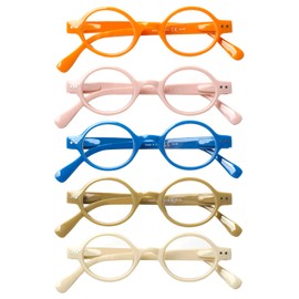JOSCHOO 5 Pack Retro Round Reading Glasses Mini Small Comfortable Readers for Women Men (5 Mix Clour-4, 4.0)