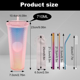 Cresbel Rivet Cup with Lid and Straw, 710 ml Reusable Double-Walled Plastic Drinking Cup, Cold Cup, Plastic Drinking Cup, Travel Cup for Iced Coffee or Water to Go (Pink)