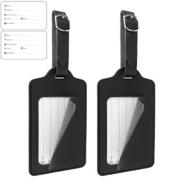 Premium Luggage Tag with Address Tag, 2 Pieces, in Black, Elegant Faux Leather with Cover Protection, for Air Travel, Cruise, etc., Name Tag, Suitcase Tag, Luggage Bag Tag, Address Tag