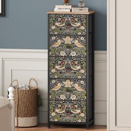Welfuturer Dresser with 5 Fabric Drawers Strawberry Thief Drawer Dresser for Bedroom Vintage Nightstand Dressers & Chests of Drawer for Halfway Entryway Living Room Sturdy Steel Frame Wood Top, Brown