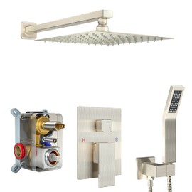 Fatspas 10 Inch Shower Faucet Set, Rainfall Shower System with Square Fixed Rain Shower Head and High Pressure Handheld Shower Head, Wall Mounted Rainfall Shower Fixtures, Brushed Nickel