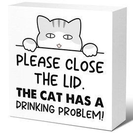 Funny Grey American Shorthair Bathroom Wood Block Signs,Rustic Please Close the Lid the Cat Has A Drinking Problem Wooden Box Sign for Bathroom Shelf Toilet Restroom Home Tabletop Desk Decor