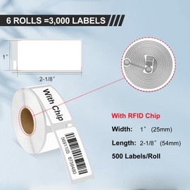 6 Rolls Address & Barcode Label with RFID Chip, Compatible for DYMO 30252 Labels(1-1/8" x 3-1/2"), Black Print, White Label, Compatible with DYMO Labelwriter 450, 4XL, 550, 5XL (350 Labels/Roll)