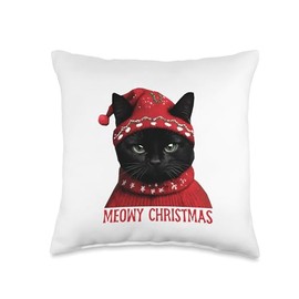 Meowy Black Cat Ugly Christmas Sweater Throw Pillow