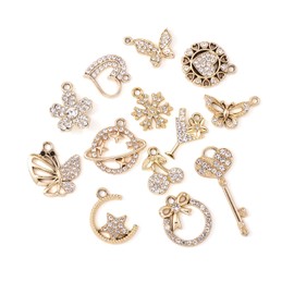 Cheriswelry 26Pcs Gold Plated Alloy Rhinestone Charms Heart Key Butterfly Flower Cherry Star Moon Pendants for 16.5-36mm 13 Style DIY Necklace Bracelet Earring Jewelry Making