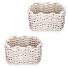 Set of 2 Storage Baskets, Braided Cotton Knitted Basket, Storage Basket, White, for Storing Small Household Items, for Cupboards, Bathrooms, Kitchens