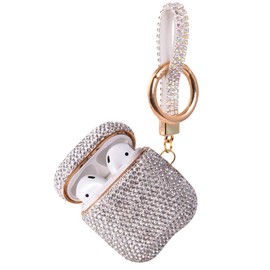 Sparkly Diamond Case for AirPods with Keychain, Shockproof Protective Premium Bling Rhinestone Cover Skin Compatible with AirPods Charging Case 2 & 1(White+Gold Plated)
