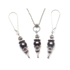 Vintage Style Edelstahl Damen Halskette und Ohrring Schmuckset mit schwarzem Hämatit Anhänger