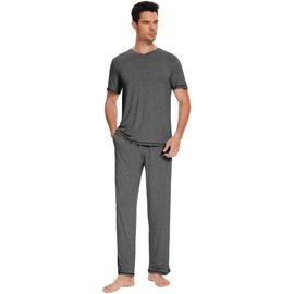 WiWi Mens Viscose from Bamboo Pajama Set Short Sleeve Pajamas Sets with Pants Sleepwear Soft Lightweight S-XXL, Dark Heather Grey, XX-Large