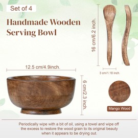 Crocon Small Wood Bowl, Wooden Bowls With Spoon Set of 4, Rice, Soup, Dip, Salad, Salt & Condiments, Handmade Wooden Kitchen Mini Serving Cups Bowls, Tableware Side Dish Set- 5 Inch Bowl