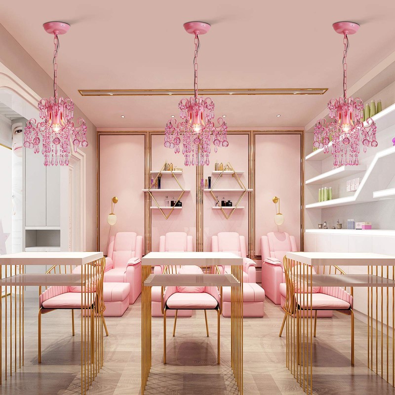 Q&S Mini Crystal Chandelier, Modern Pink Chandelier,Small Hanging Light Fixture