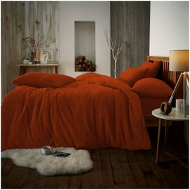 GC GAVENO CAVAILIA Luxury Fleece Duvet Cover (200x200 Cm) - Fluffy Bedding Double Bed Set - Soft Warm, Winter Teddy Duvet Set with Pillowcases - Easy Care Comforter Bed linen Double - Burnt Orange