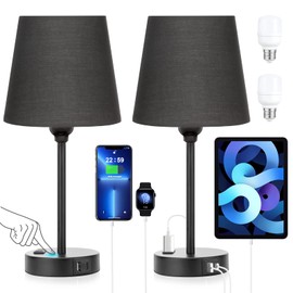 Acaxin Black Lamp for bedrooms Set of 2 - Nightstand Bedroom Lamp with USB C Port and AC Outlet Charging, 3 Way Dimmable Touch Control Bed Side Table Lamp, Small Night Stand Light for Men/Kids