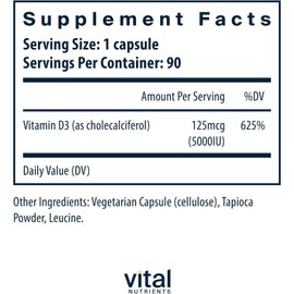 Vital Nutrients Vitamin D 5000 IU | Vitamin D3 Supplement | Healthy Bones, Teeth, Muscles*| Cellular & Immune Function | Calcium Absorption | Gluten, Dairy and Soy Free | 90 Capsules