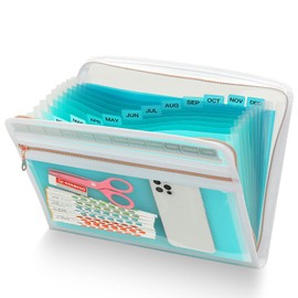 H4D 13 Pocket Expanding File Folder Organizer with Front Clear Pounch, Accordion File Organizer with Zipper Clourse, Fit for Letter Size Papers, Teal