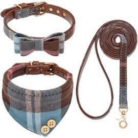 EXPAWLORER Dog Leash and Collar Set - Cute Plaid Dog Bow Tie and Dog Bandana Collar, Dog Leash Tangle Free, Adjustable Collars for Small Medium Large Dogs, Holiday Ideal Gift, Blue M